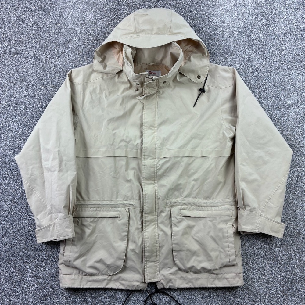 Vintage Orvis Field Jacket Mens Large Khaki Tan Hooded Zip Fly Fishing Utility